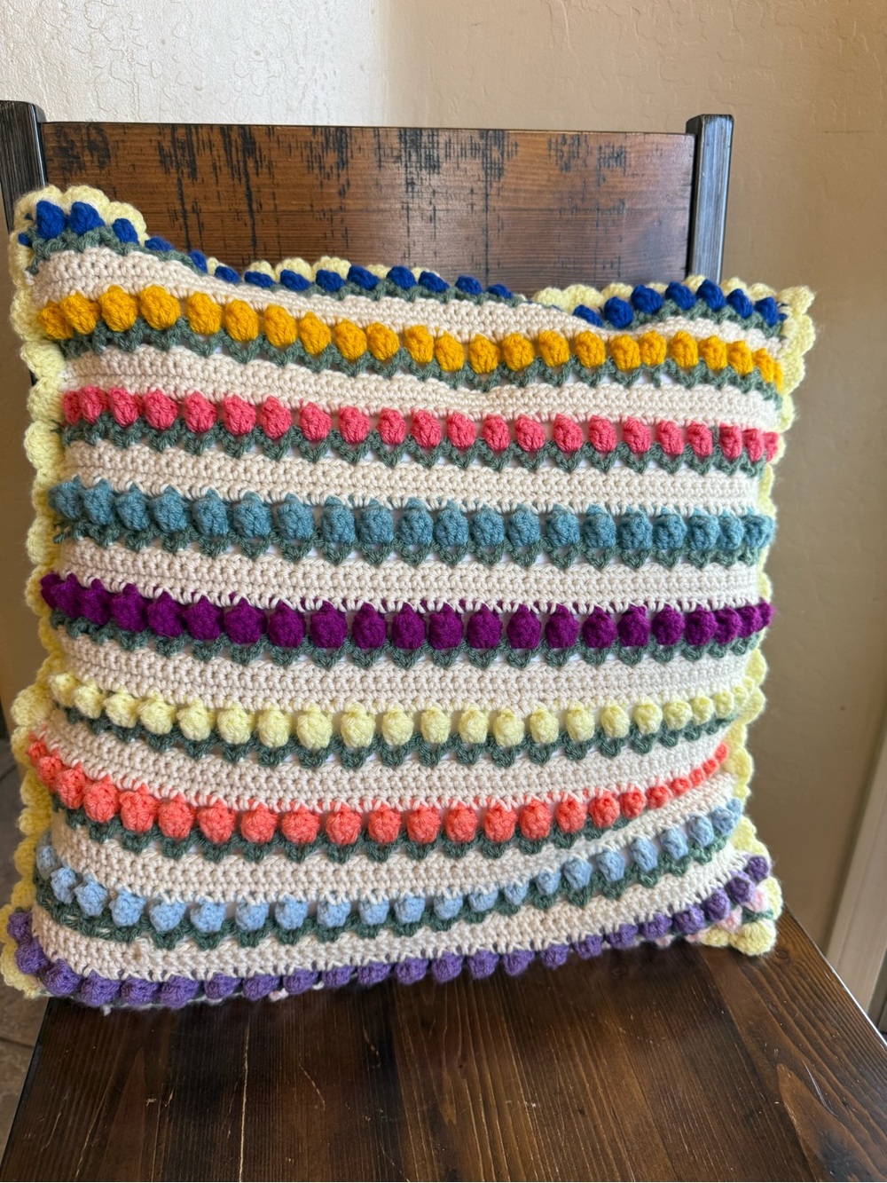 Vintage Handmade Crochet Bobble Stitch Pillow Rainbow Striped Cream Cushion
